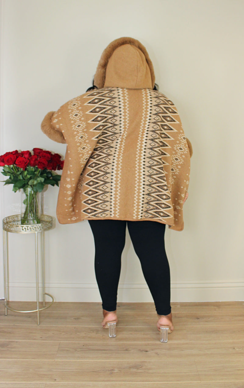 Hooded Faux Fur Poncho | Gingerbread