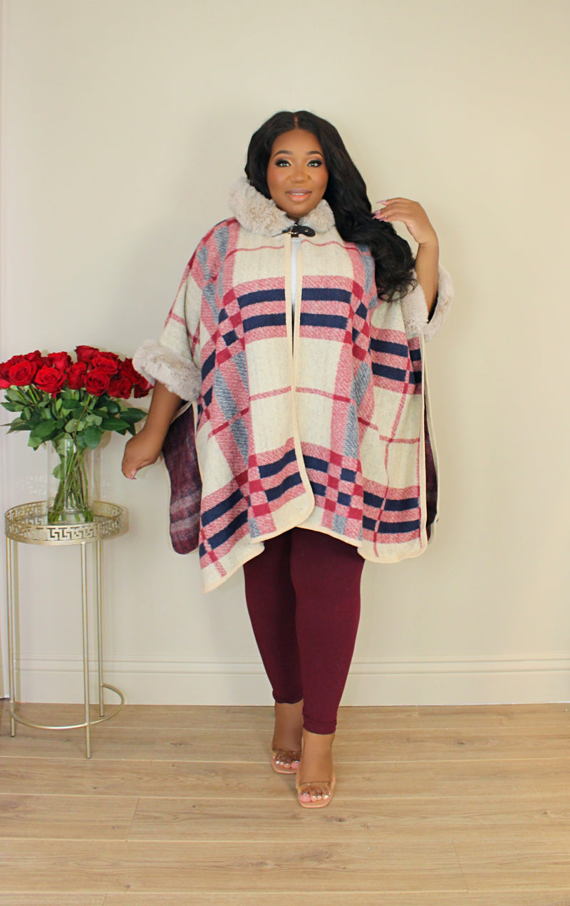 Hooded Faux Fur Poncho | Plaid