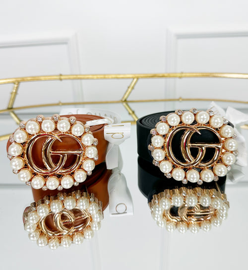 Pretty in Pearls Faux Leather Belt | Cognac